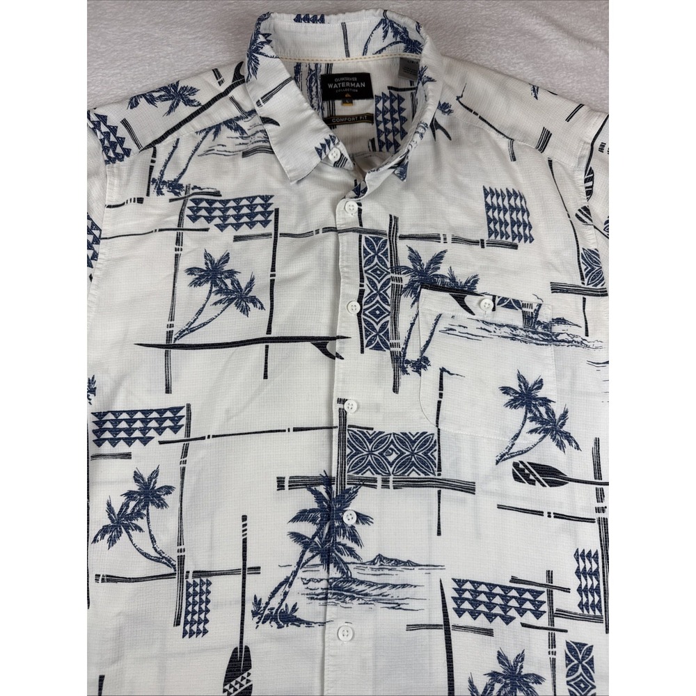 Quiksilver Waterman Collection White Palm Tree Button Up Hawaiian Shirt Size L